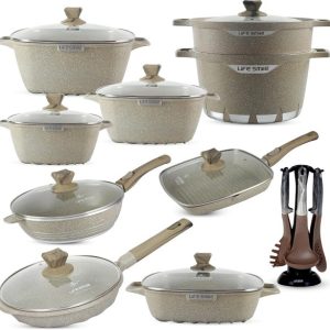 Cookware Set LIFE SMILE 24 pieces Square Pots and Pans Set – Granite, Non-Stick, PFOA Free – Include Casseroles, Steam Pot, Shallow Pot, Grill Pan, Fry Pan, Saute Pan
