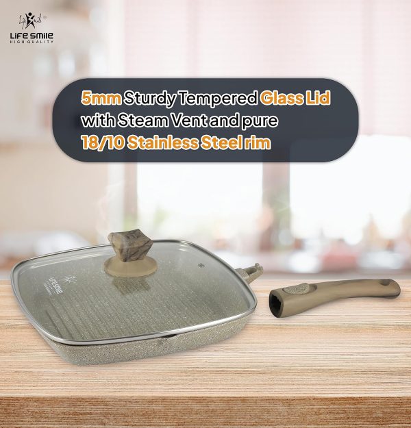 Cookware Set LIFE SMILE 24 pieces Square Pots and Pans Set – Granite, Non-Stick, PFOA Free – Include Casseroles, Steam Pot, Shallow Pot, Grill Pan, Fry Pan, Saute Pan - Image 3