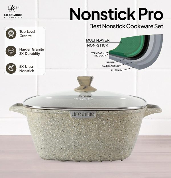 Cookware Set LIFE SMILE 24 pieces Square Pots and Pans Set – Granite, Non-Stick, PFOA Free – Include Casseroles, Steam Pot, Shallow Pot, Grill Pan, Fry Pan, Saute Pan - Image 5